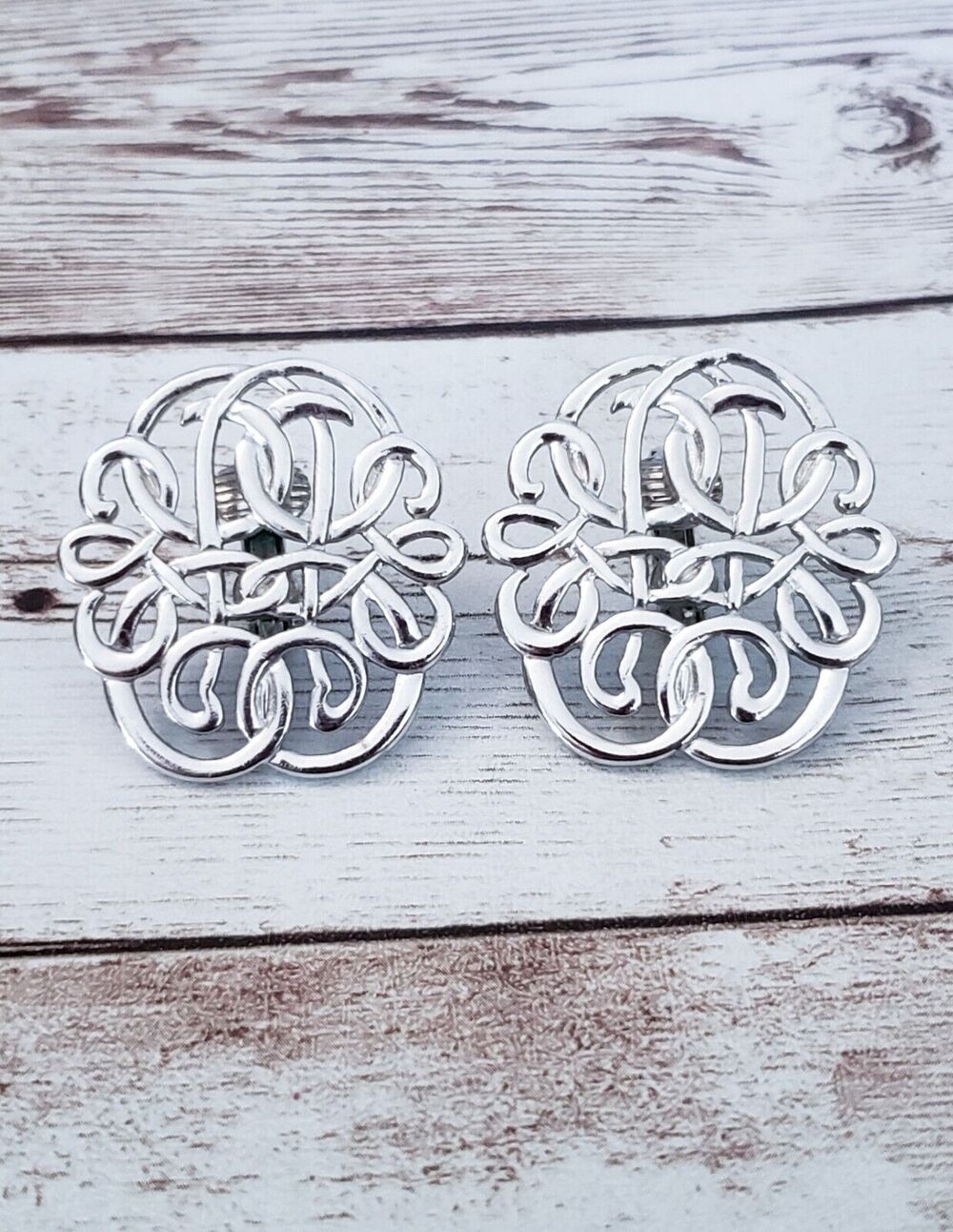 Vintage Avon Clip On Earrings Large Statement Silver Tone Scroll Design